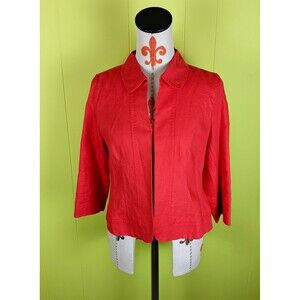 Kim Rogers Petite Womens SP 100% Linen 3/4 Sleeve Red Open Jacket Collared Lined